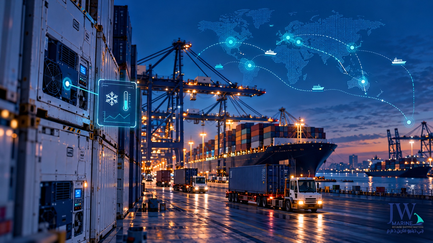 Connected reefer container and digital route visualization at a modern container port.
