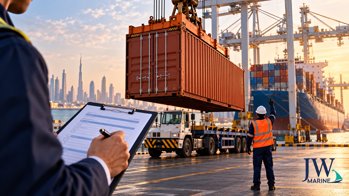 Container being lifted at a UAE terminal while a logistics coordinator checks shipment documents.