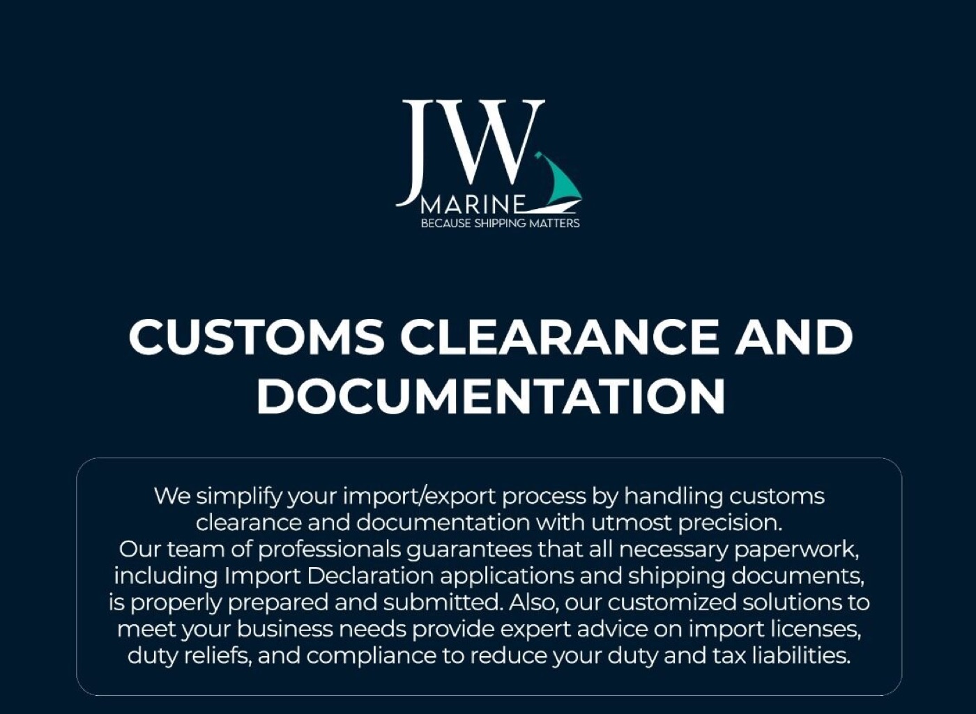 JW Marine graphic summarising its customs clearance and documentation service