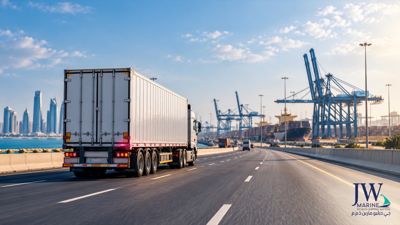 Freight truck travelling toward a Gulf port and logistics hub on a modern highway.