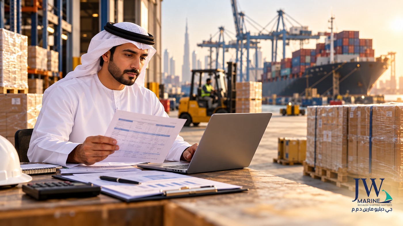 Small-business operator checking shipping documents beside warehouse cargo and a laptop.