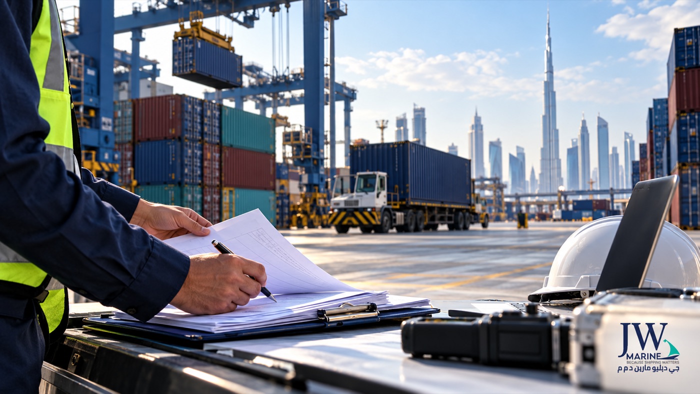 Customs documents reviewed at a Dubai container terminal, with containers and cranes behind the logistics team.