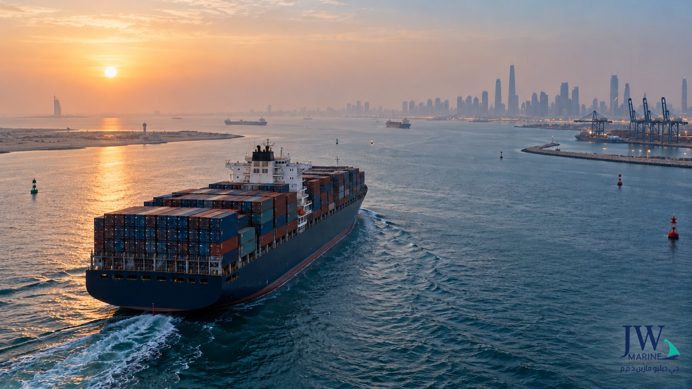 A container ship approaches a Gulf port at sunrise, with cranes and a distant city skyline; a subtle JW Marine logo watermark appears in the lower-right corner.