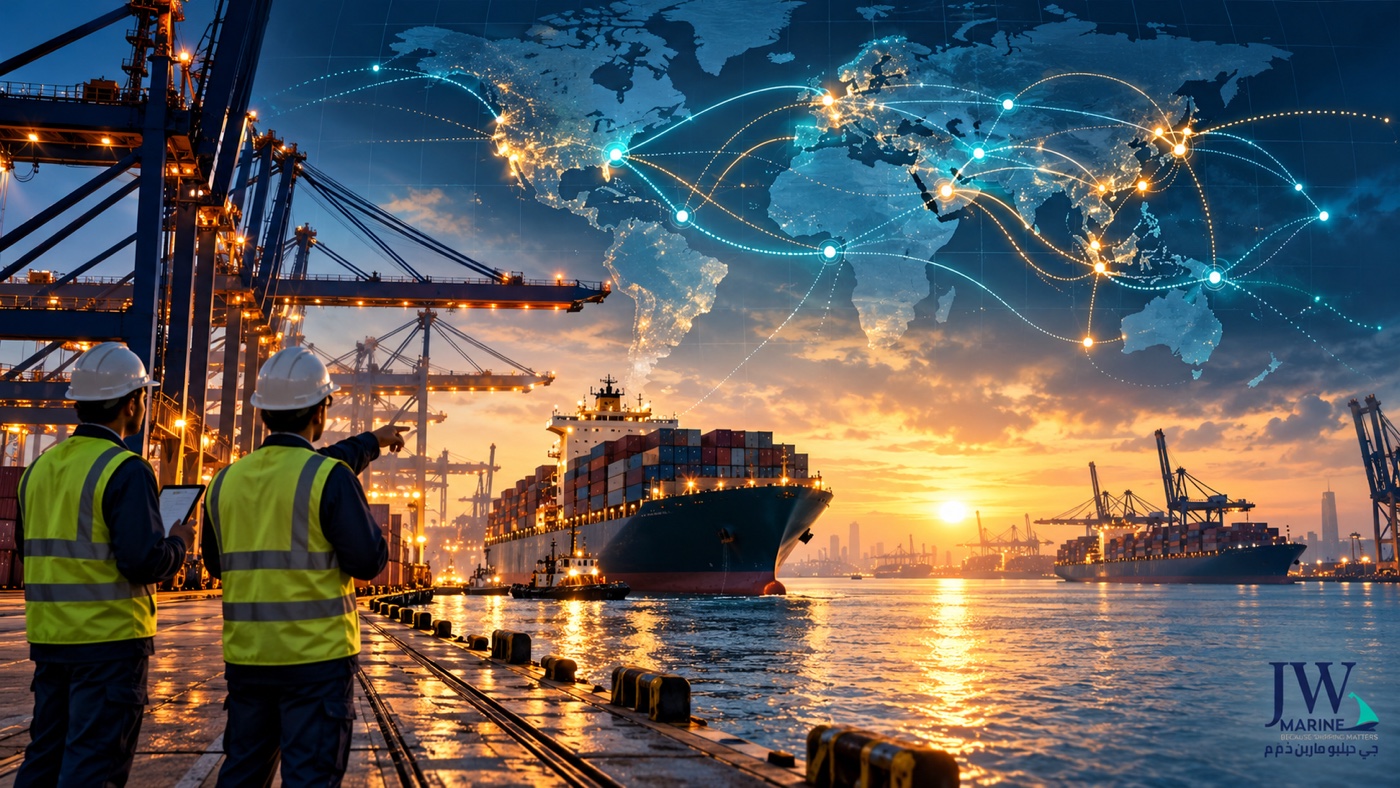 Container port at sunrise with a global route map overlay, illustrating supply-chain disruption planning.