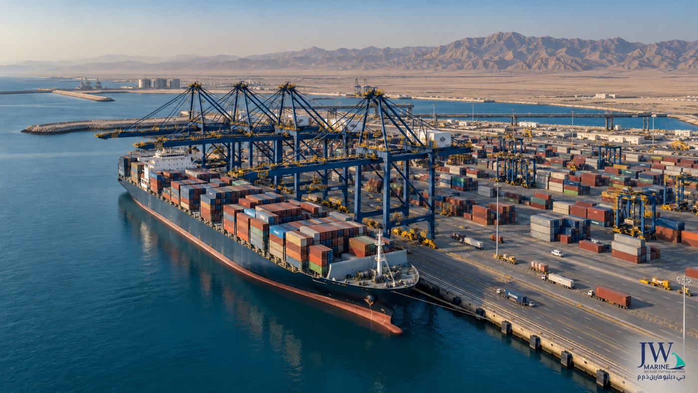 A container ship alongside a Gulf port terminal, with quay cranes, container stacks and desert mountains behind it; a subtle JW Marine logo watermark appears in the lower-right corner.