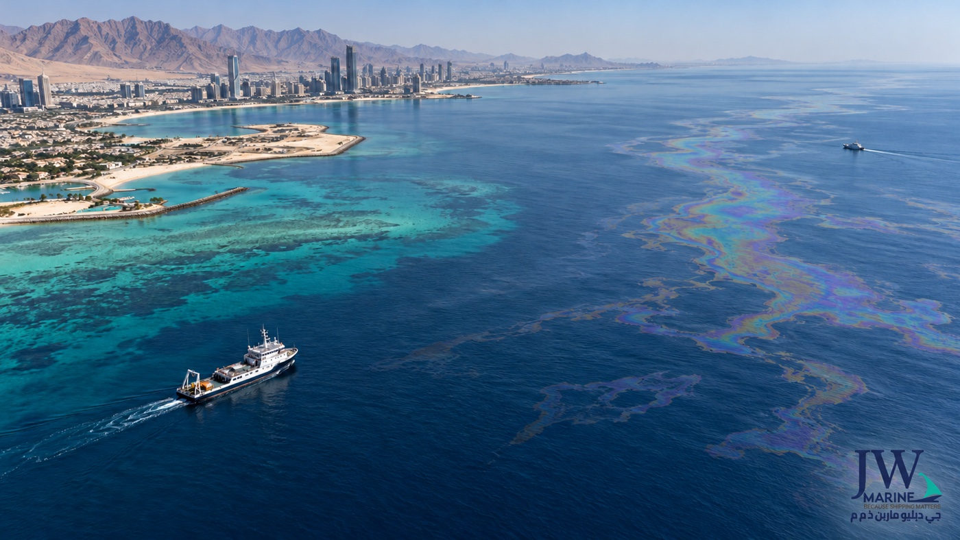 A UAE northern coastline seen from above, with an environmental monitoring vessel and a distant abstract slick offshore; the JW Marine logo is subtly watermarked in the lower-right corner.