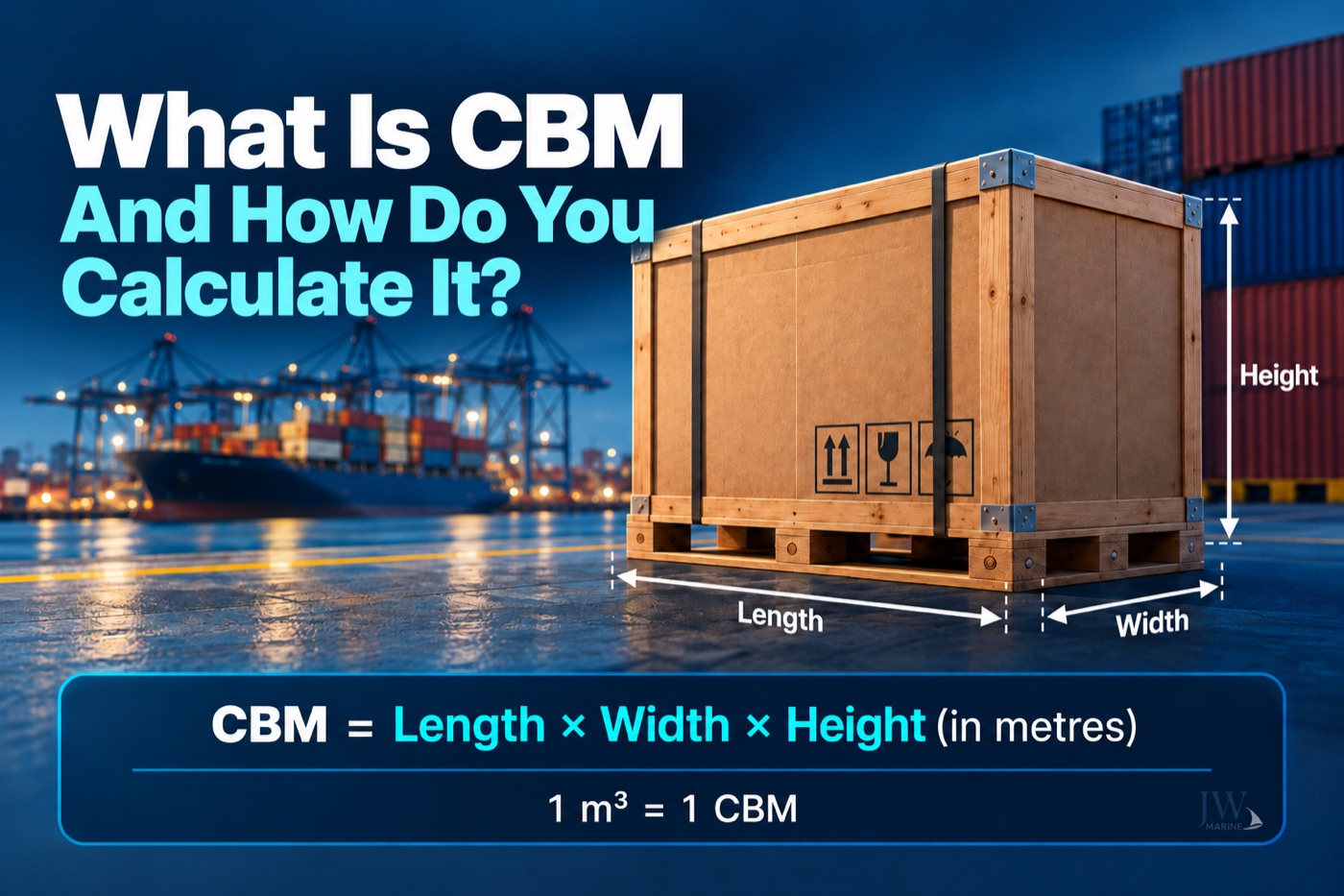 A wooden crate on a pallet at a container port, marked with its length, width and height, with the formula CBM = length × width × height in metres