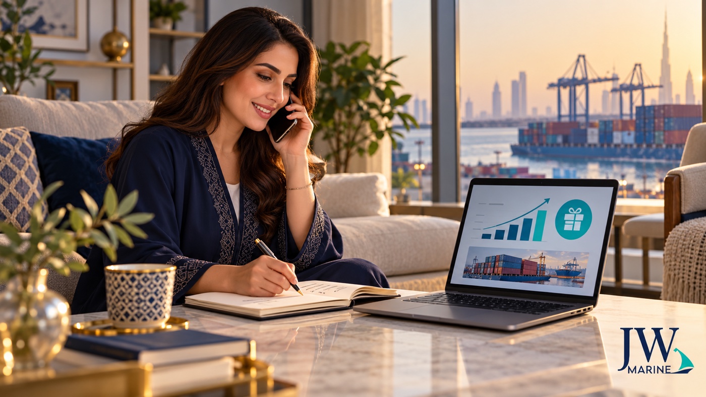 Professional making a business introduction with a laptop showing a simple shipping progress and an illustrative rewards graphic.